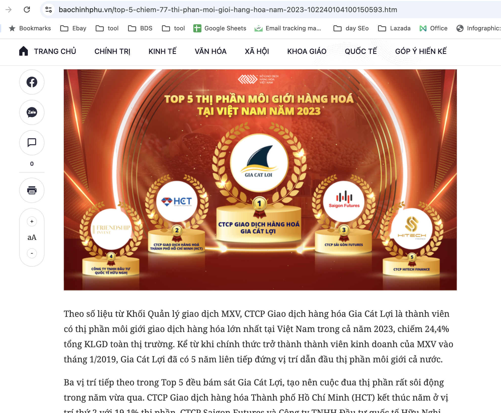 Báo Chính phủ công bố Gia Cát Lợi đứng đầu thị phần môi giới hàng hóa năm 2023